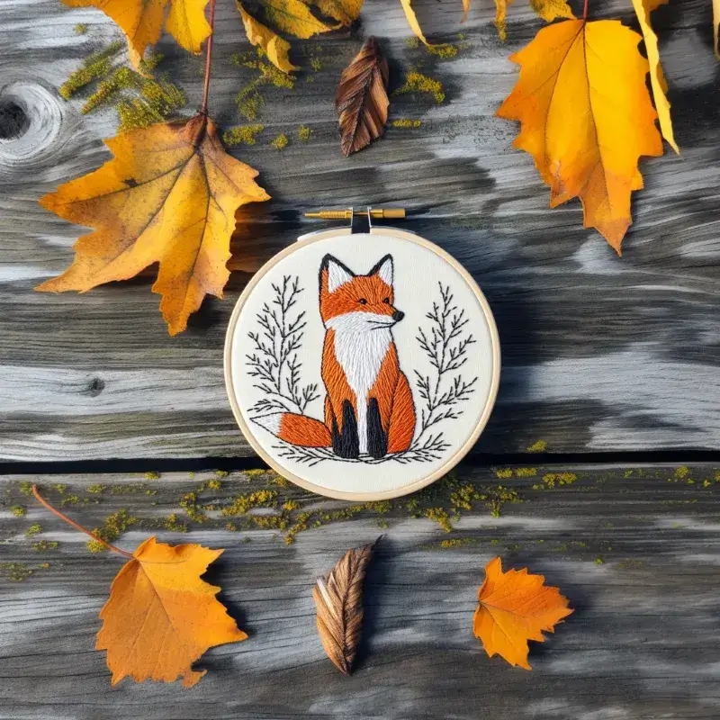 delicate fox embroidery artwork on the floor, decorated with autumn leaves Curious Fox DIY Animal Embroidery Art Pattern - Image 3