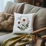 dimly lit room with sofa cushions and a blanket creating a relaxing atmosphere