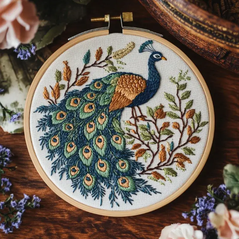 elegant peacock hand embroidery artwork with open feathers displayed on a table elegant peacock hand embroidery artwork with open feathers displayed on a table