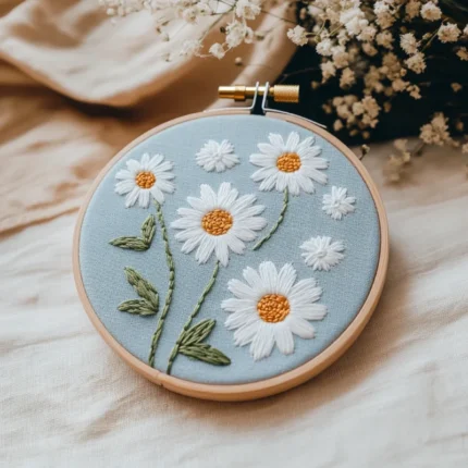 embroidery hoop holding blue fabric with several daisy flowers stitched on it