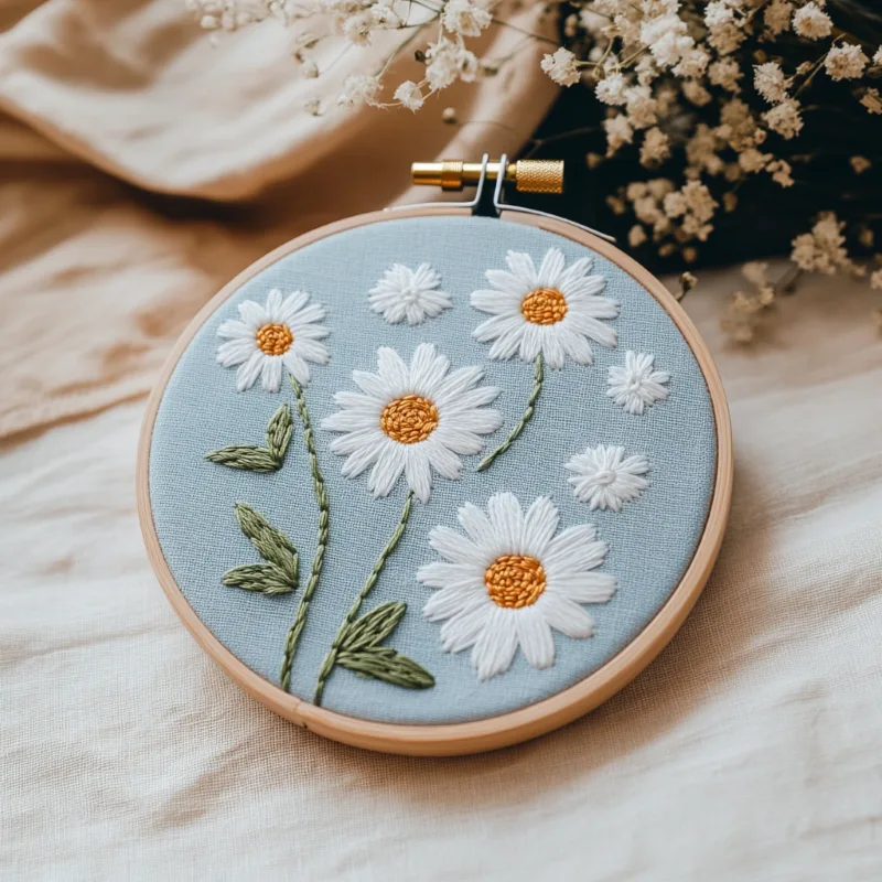 embroidery hoop holding blue fabric with several daisy flowers stitched on it embroidery hoop holding blue fabric with several daisy flowers stitched on it