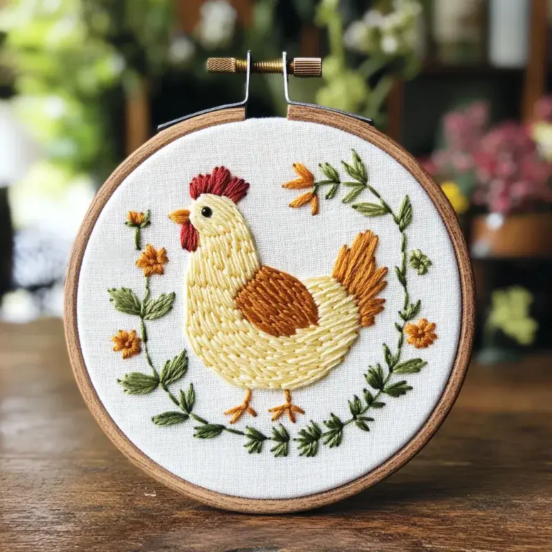 embroidery hoop on a wooden table featuring a chicken with blooming floral branches embroidery hoop on a wooden table featuring a chicken with blooming floral branches