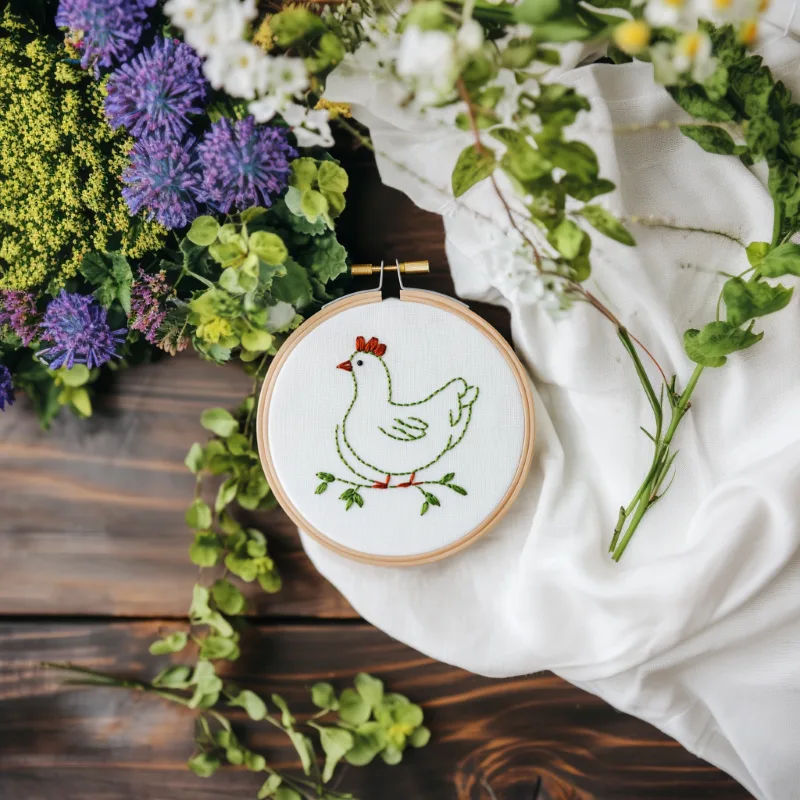 embroidery hoop on a wooden table with a stitched chicken design Minimalist Green Chick DIY Embroidery Digital Download - Image 2