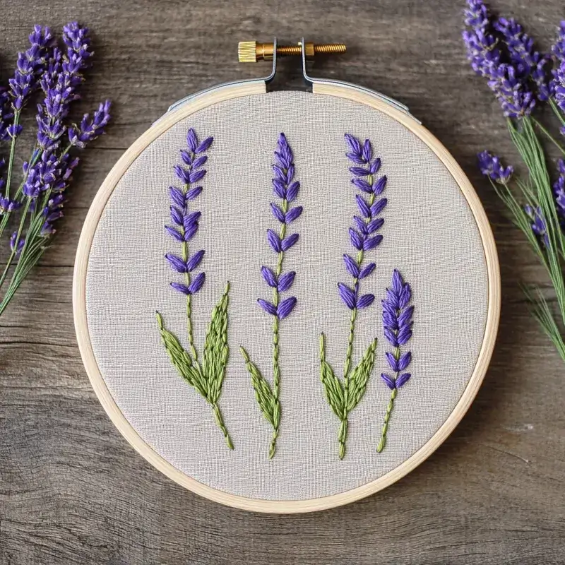 embroidery hoop with fabric stitched with four dandelions, three large and one small embroidery hoop with fabric stitched with four dandelions, three large and one small