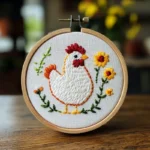 finished embroidery design of a chicken with chrysanthemums on a table