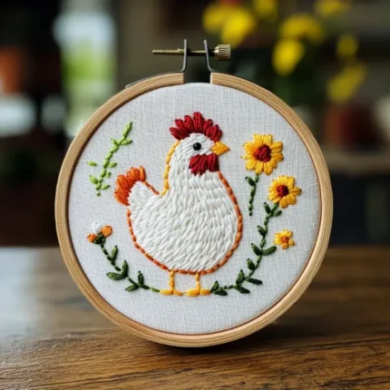 finished embroidery design of a chicken with chrysanthemums on a table