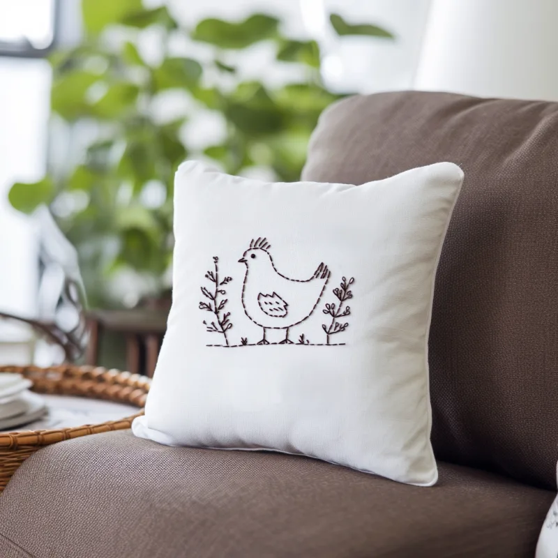 finished embroidery on a white cushion placed on a soft chair finished embroidery on a white cushion placed on a soft chair