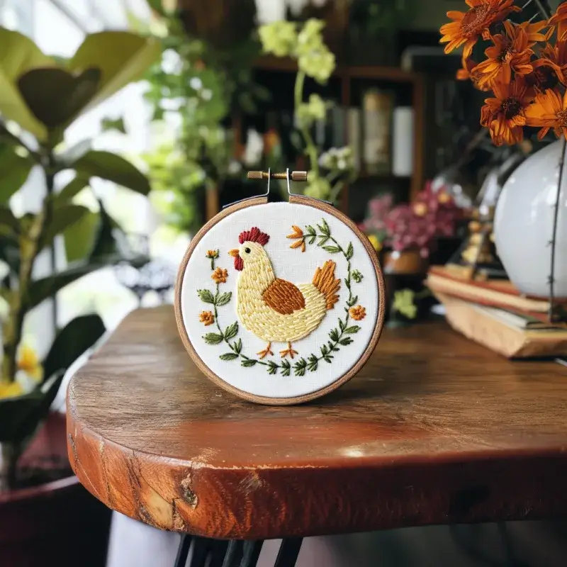 finished embroidery piece on a wooden table surrounded by lush green plants Cozy Hen in a Wreath Hand Embroidery Pattern PDF - Image 3