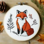 finished fox embroidery artwork displayed in a hoop