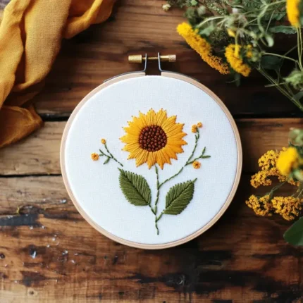 finished hand embroidery artwork of a blooming sunflower placed on a table