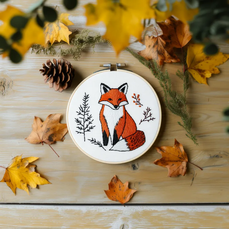 fox and tree branch hand embroidery design placed on the floor Quiet Fox Hand Embroidery Pattern PDF Instant Download - Image 2
