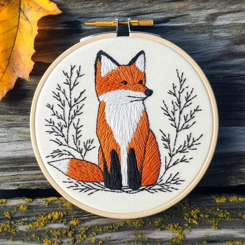 fox hand embroidery in a hoop, showing a fox gazing into the distance fox hand embroidery in a hoop, showing a fox gazing into the distance