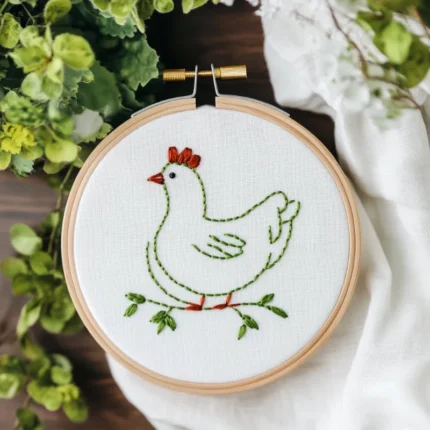 freshly finished chicken embroidery piece not yet trimmed