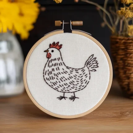 freshly finished handmade embroidery displayed in front of two flower pots