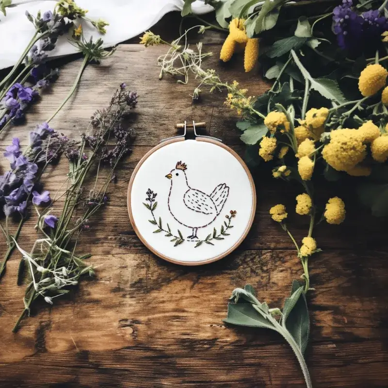 freshly finished handmade embroidery on a table surrounded by flowers Pastoral Peace Chicken DIY Cute Embroidery Pattern - Image 2