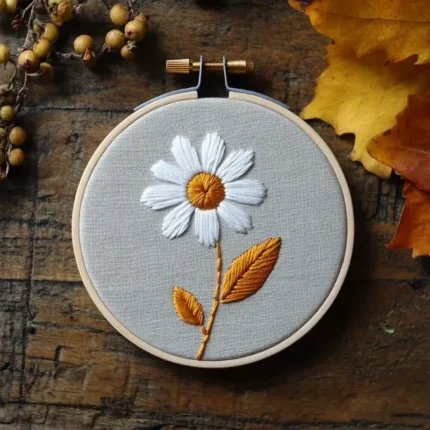 golden daisy hand embroidery displayed on a table for admiration