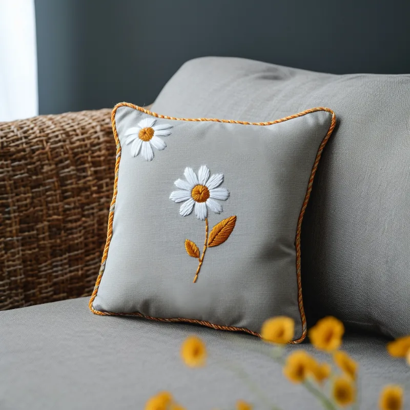 gray sofa cushion with golden trim and a daisy embroidered in the center Modern Daisy Embroidery DIY Pattern Instant Download - Image 4