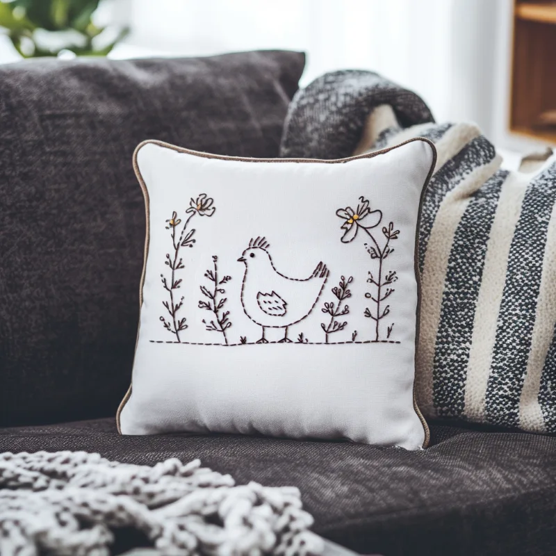gray sofa with a blanket and a cushion embroidered with a minimalist design gray sofa with a blanket and a cushion embroidered with a minimalist design