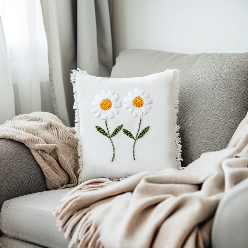 gray sofa with a blanket and a daisy embroidery cushion Mirror Daisies Digital Embroidery Design for Companionship - Image 3