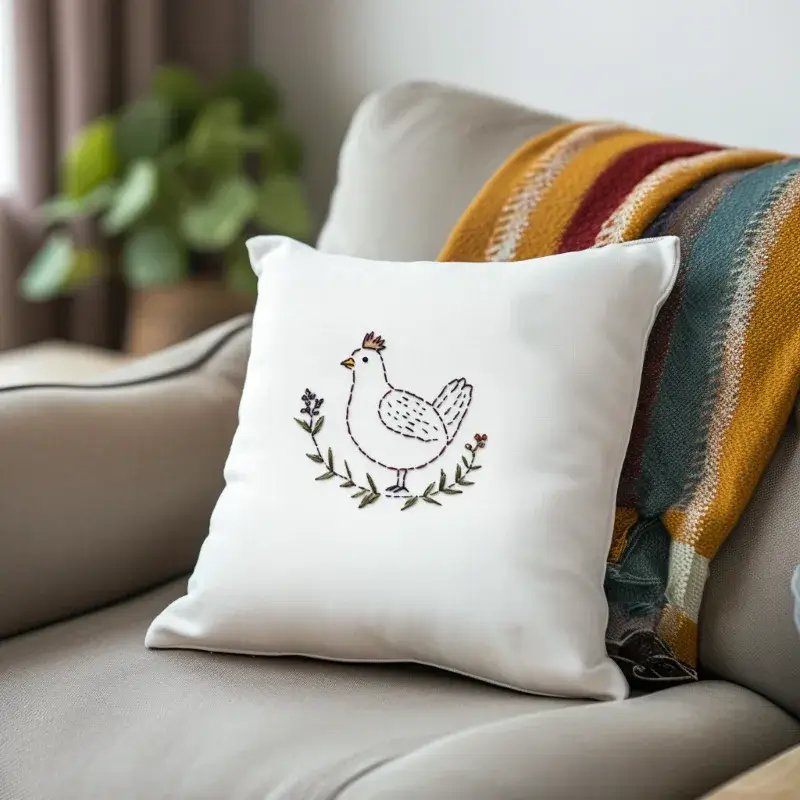 gray sofa with a blanket and a white cushion embroidered with a chicken gray sofa with a blanket and a white cushion embroidered with a chicken