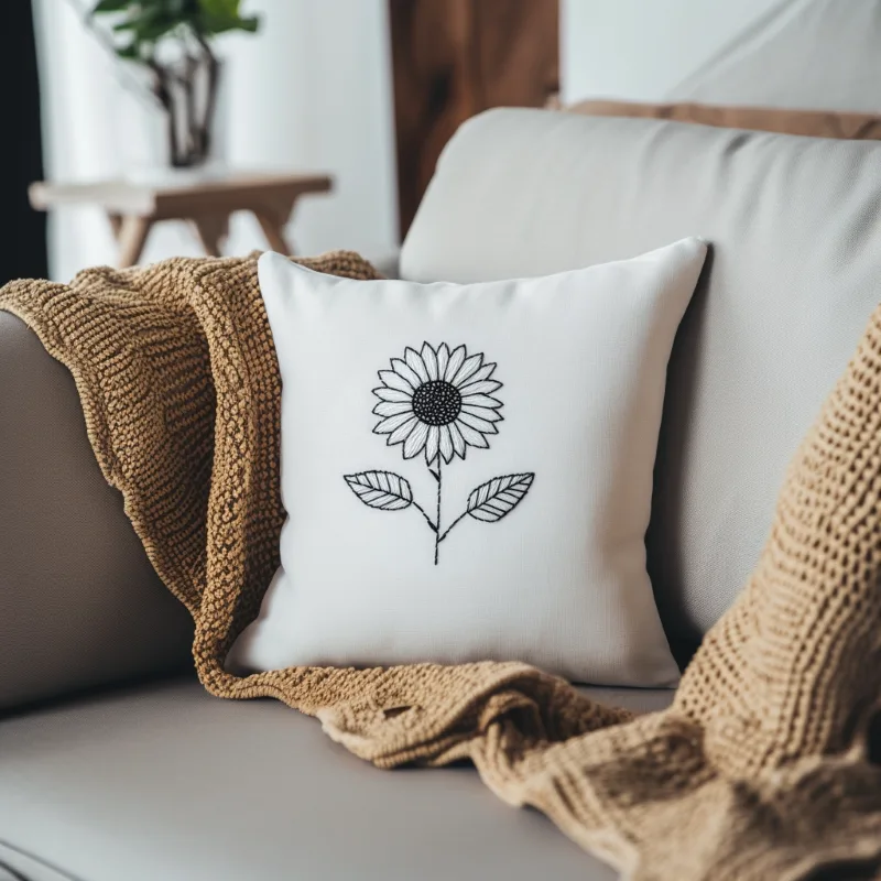 gray sofa with a blanket and a white cushion embroidered with a sunflower Monochrome Sunflower Digital Embroidery Pattern - Image 4