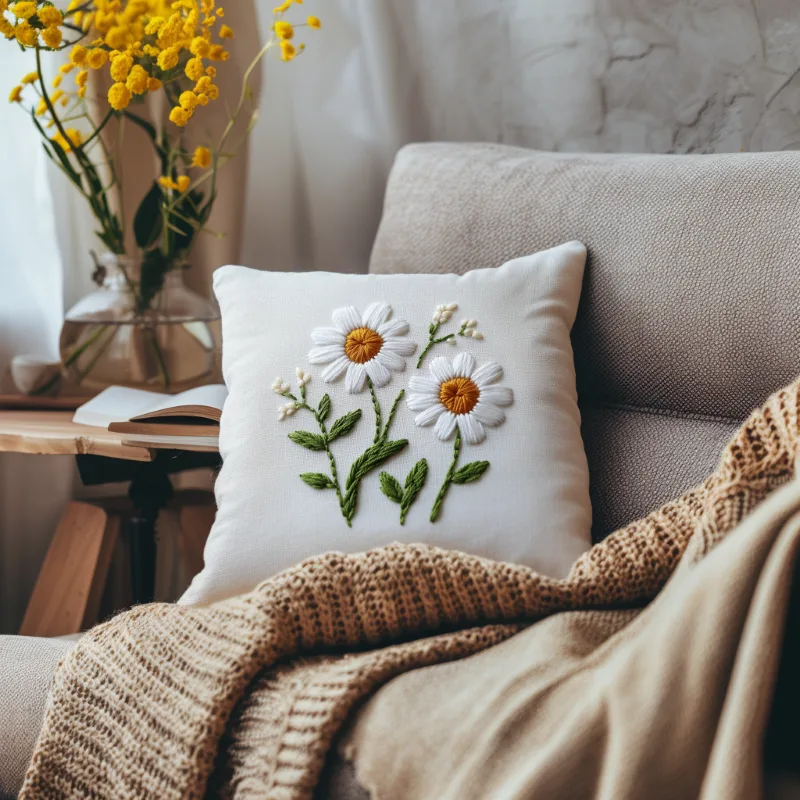 gray sofa with a daisy embroidery pillow and a blanket, next to a vase of yellow flowers DIY Hopeful Blooms Daisy Embroidery Pattern - Image 3