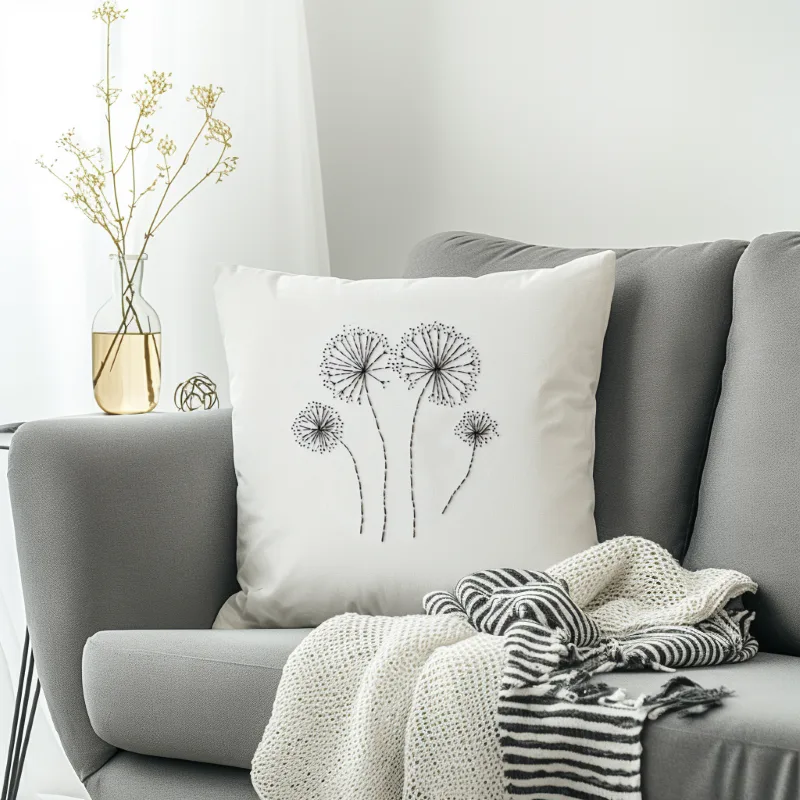 gray sofa with a dandelion embroidered cushion beside a clear glass vase of flowers gray sofa with a dandelion embroidered cushion beside a clear glass vase of flowers