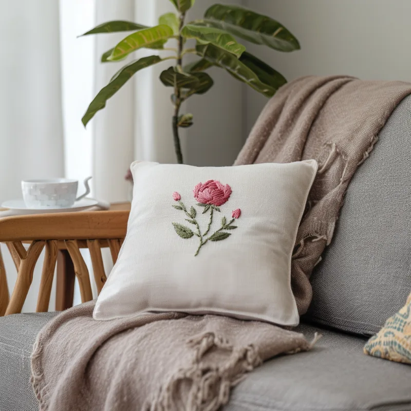 gray sofa with a pink rose embroidered cushion beside a table holding a cup of coffee Smoky Pink Rose PDF Hand Embroidery Pattern - Image 3