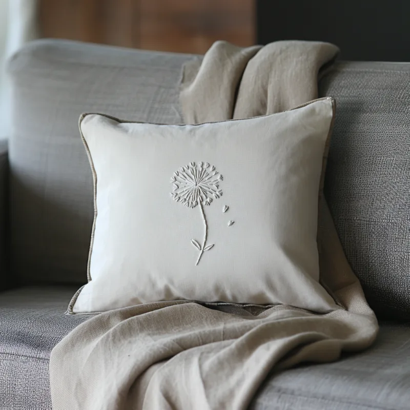 gray sofa with a white cushion embroidered with a white dandelion and a matching blanket Minimalist White Dandelion PDF Embroidery Design - Image 3