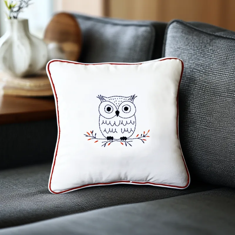 gray sofa with a white pillow featuring a black thread owl embroidery Minimalist Owl DIY Embroidery Pattern Instant Download - Image 3
