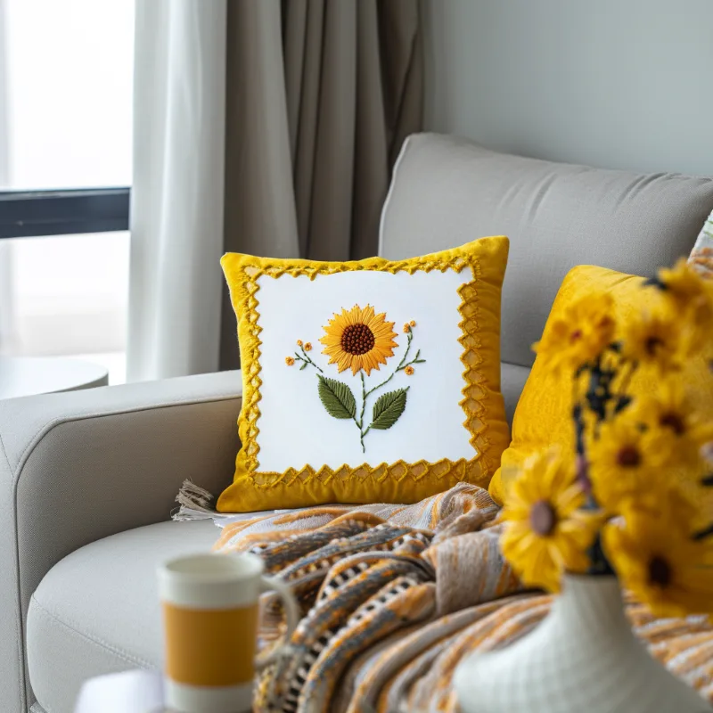 gray sofa with cushions and a blanket, illuminated by light through the window gray sofa with cushions and a blanket, illuminated by light through the window