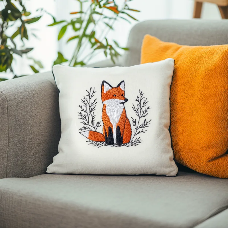 gray sofa with two cushions, one solid orange and one white embroidered with a fox Curious Fox DIY Animal Embroidery Art Pattern - Image 4