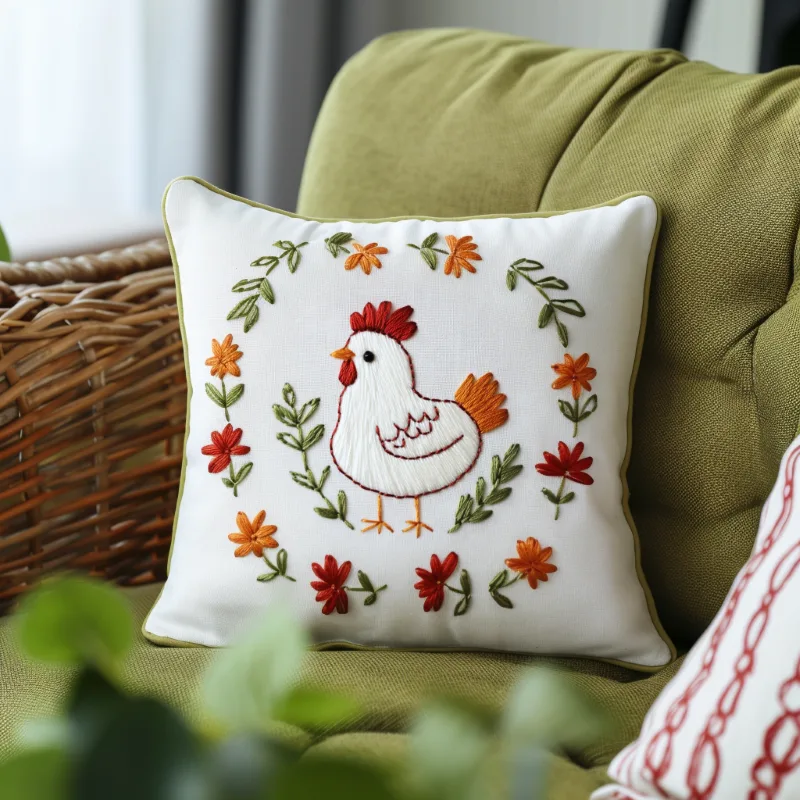 green sofa with cushion embroidered with a chicken surrounded by colorful flowers DIY Farmyard Friend Chicken Embroidery Pattern - Image 5