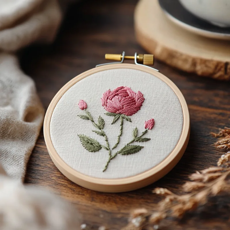 hand-embroidered design of a blooming pink rose with two rosebuds hand-embroidered design of a blooming pink rose with two rosebuds
