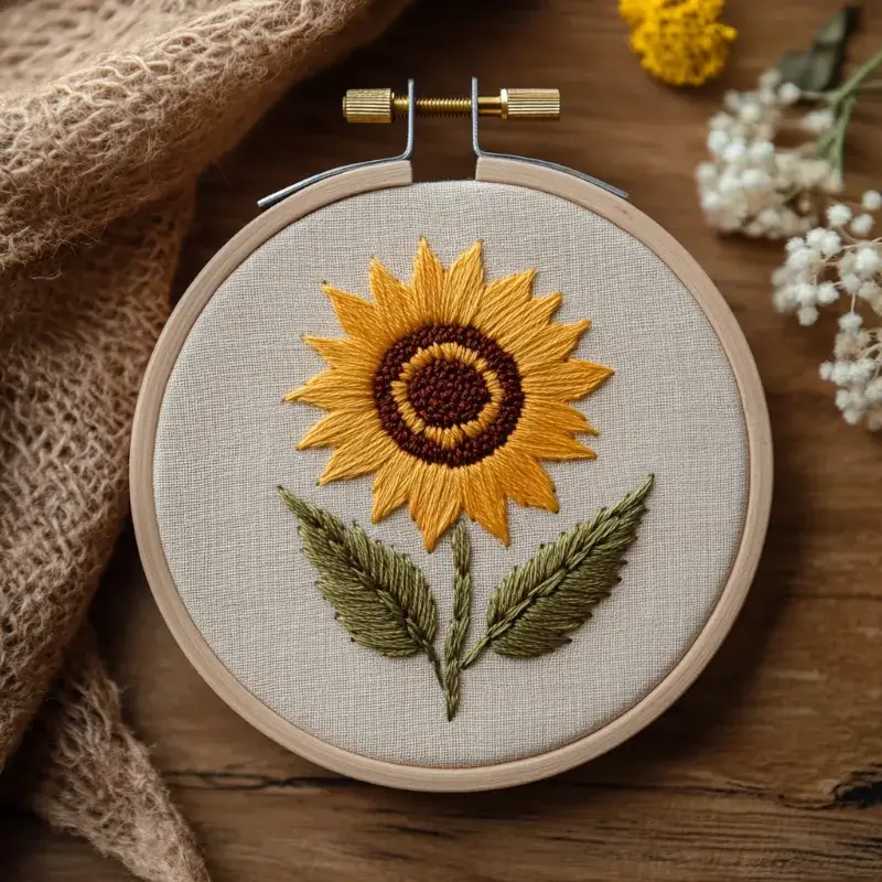 hand-embroidered sunflower artwork centered in the frame hand-embroidered sunflower artwork centered in the frame