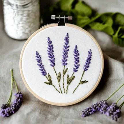 hand embroidery artwork featuring five lavender flowers
