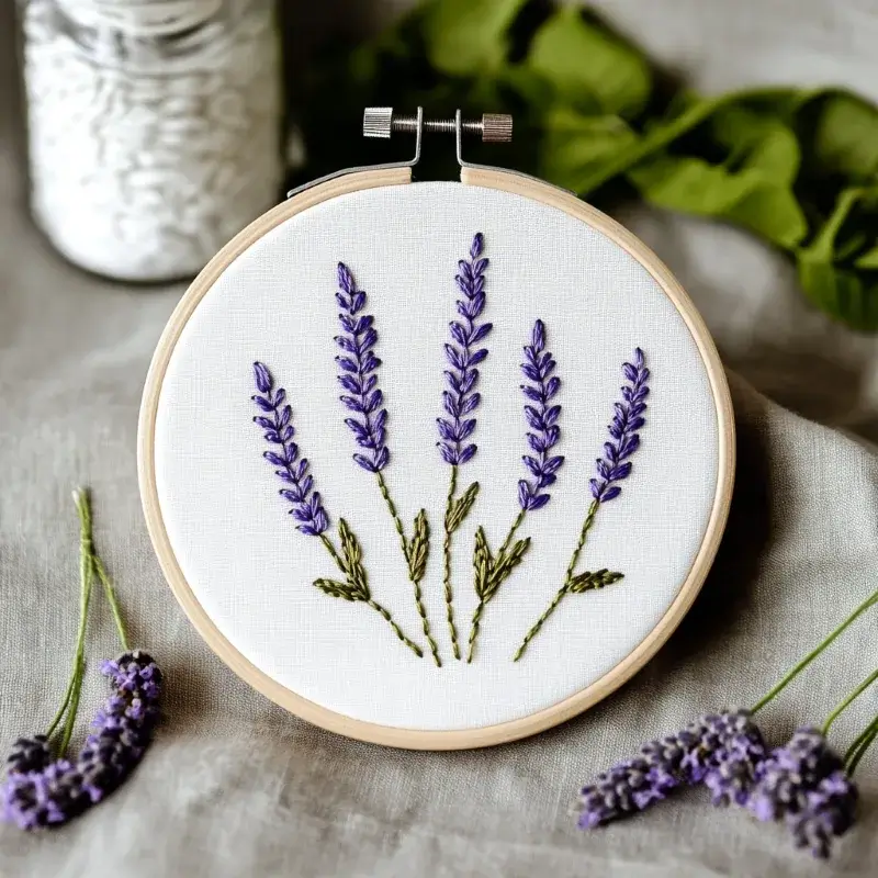 hand embroidery artwork featuring five lavender flowers hand embroidery artwork featuring five lavender flowers