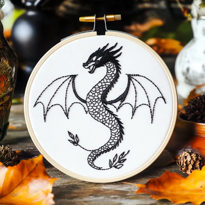 hand embroidery artwork of a black Western dragon hand embroidery artwork of a black Western dragon