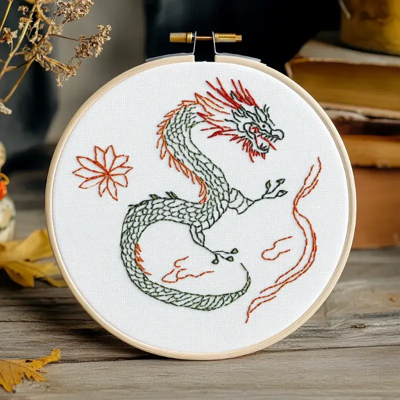 hand embroidery artwork of a green dragon flying across the sky hand embroidery artwork of a green dragon flying across the sky