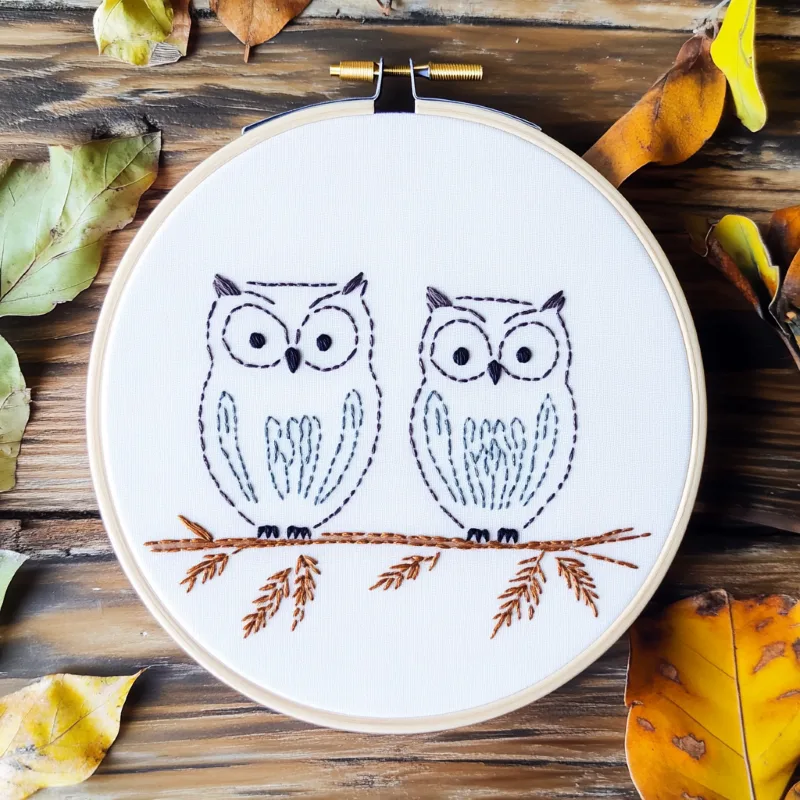 hand embroidery artwork of two wise owls perched on a tree branch hand embroidery artwork of two wise owls perched on a tree branch