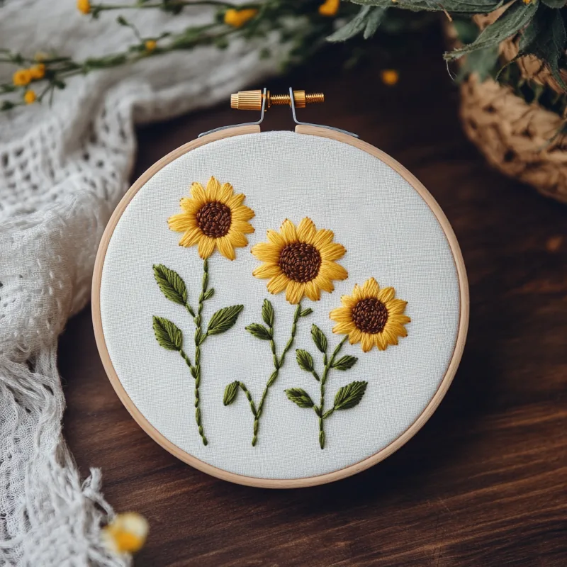 hand embroidery artwork with three sunflowers, nestled together like close friends hand embroidery artwork with three sunflowers, nestled together like close friends