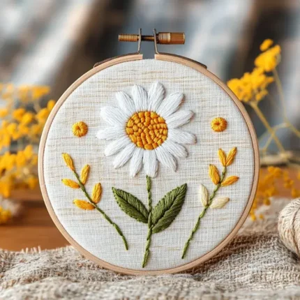 hand embroidery of a daisy in the foreground with blooming yellow flowers in the background