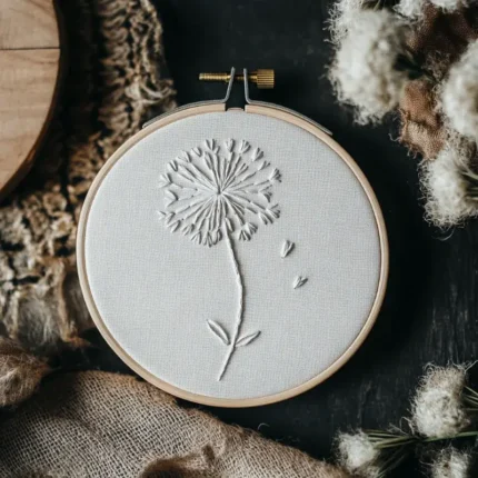 hand embroidery of a dandelion design in white thread placed on a table