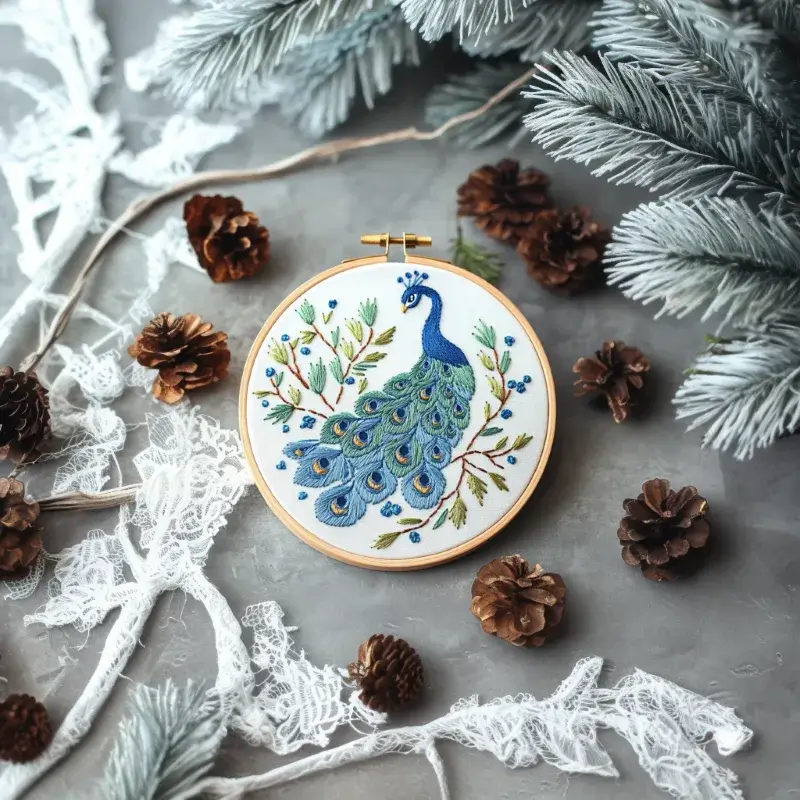 hand embroidery of a peacock with open feathers beside blooming trees hand embroidery of a peacock with open feathers beside blooming trees