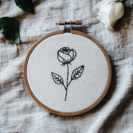 hand embroidery of a rose stitched with black thread