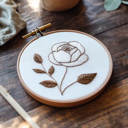 hand embroidery of a white rose with brown leaves