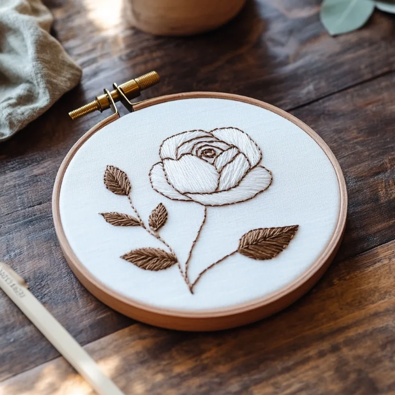 hand embroidery of a white rose with brown leaves hand embroidery of a white rose with brown leaves