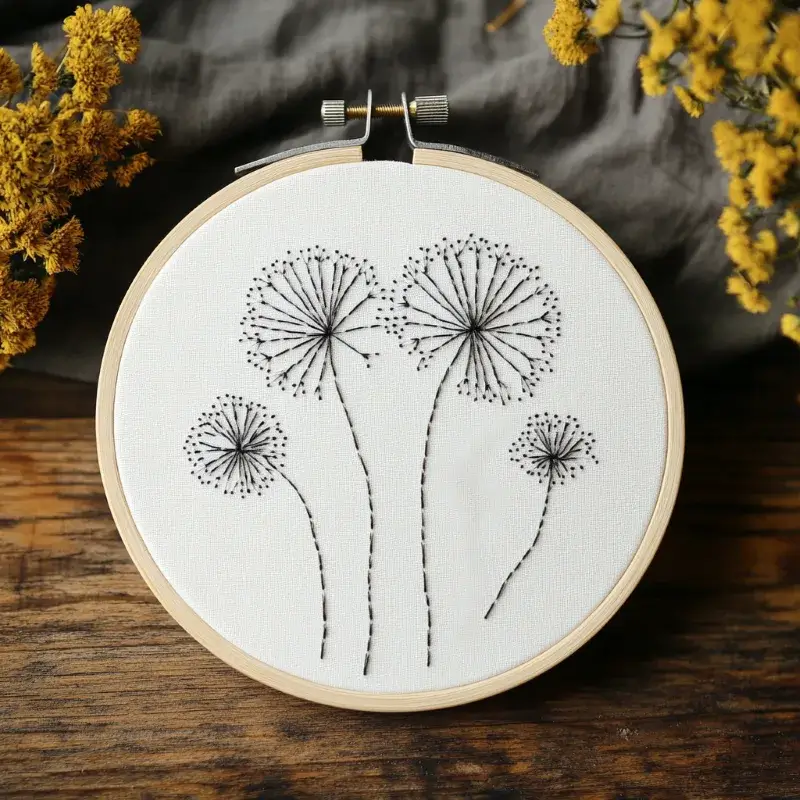 hand embroidery of four dandelion flowers, symbolizing freedom and hope for the future hand embroidery of four dandelion flowers, symbolizing freedom and hope for the future