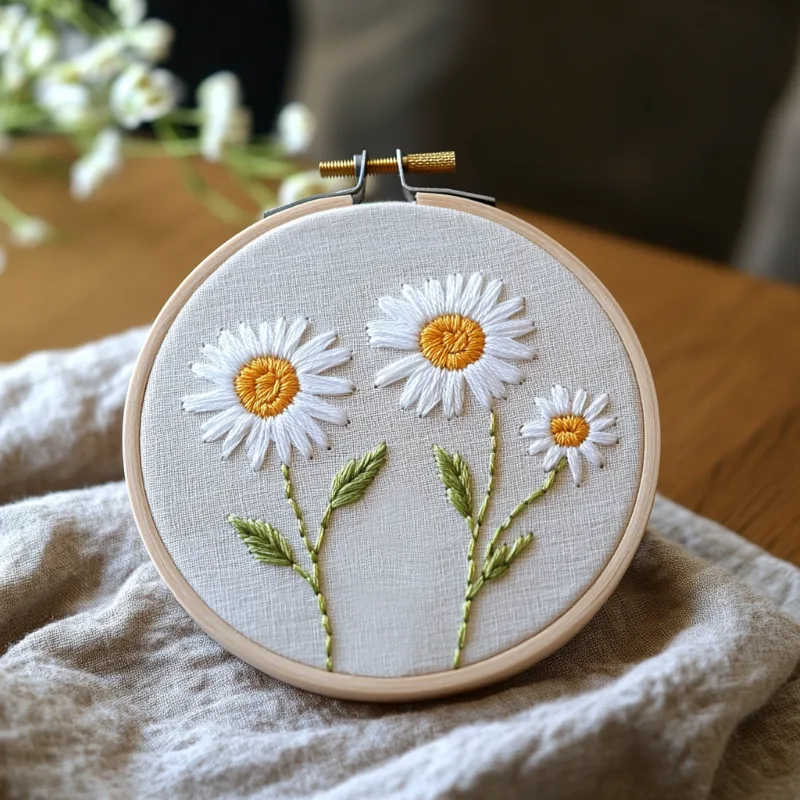 hand embroidery of three beautiful daisies displayed on a wooden table hand embroidery of three beautiful daisies displayed on a wooden table
