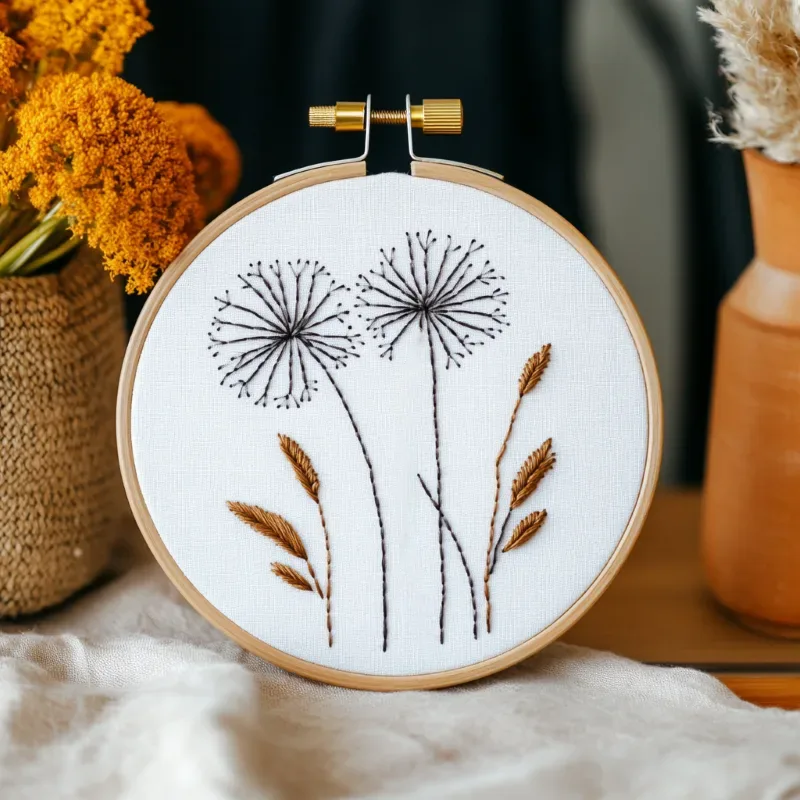 hand embroidery of two dandelion flowers displayed upright on a table hand embroidery of two dandelion flowers displayed upright on a table